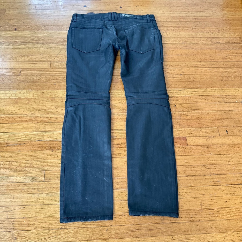 Balmain Biker Jeans Mens 32 Black Excellent Waxed Oliver Ribbed Moto Denim - Picture 4 of 5